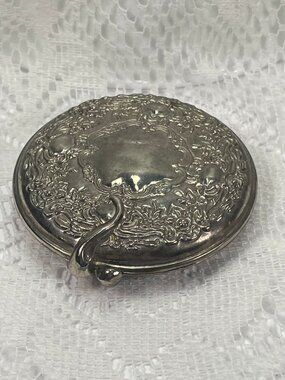 Vintage Ornate Silver-Plated Compact With Mirror And Embossed Floral Design 2.5